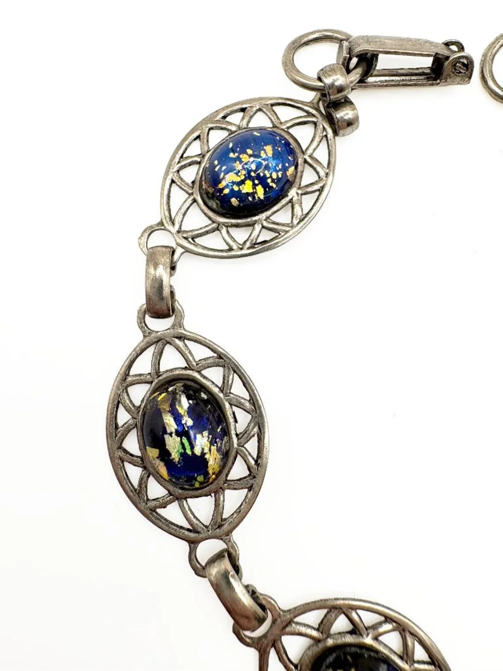 Vintage Blue Foil Confetti Glass Bracelet Silver Tone